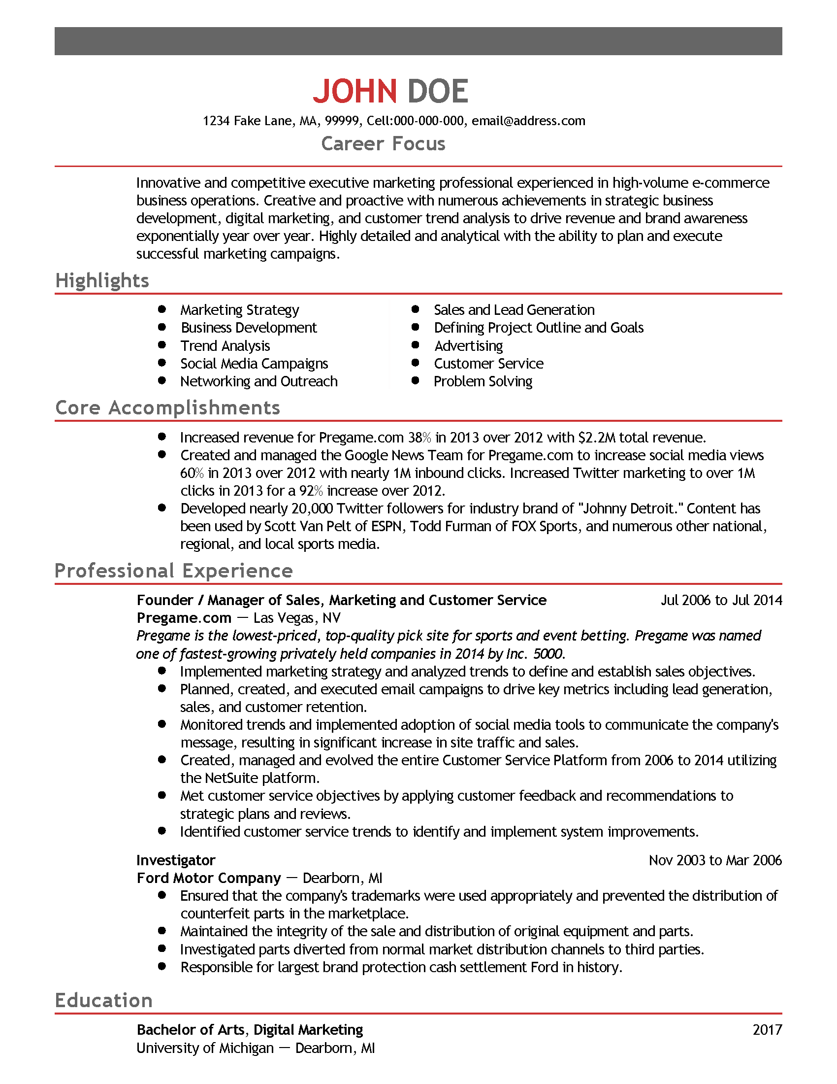 Ecommerce Marketing Manager Resume Sample