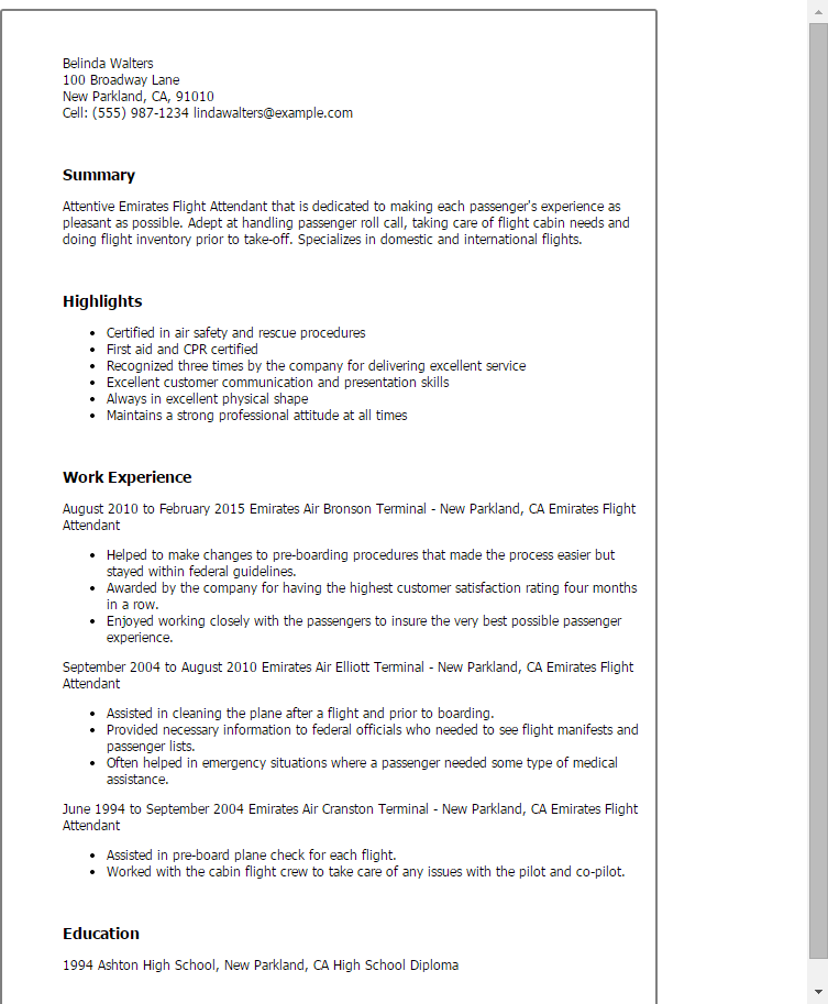 emirates flight attendant resume sample