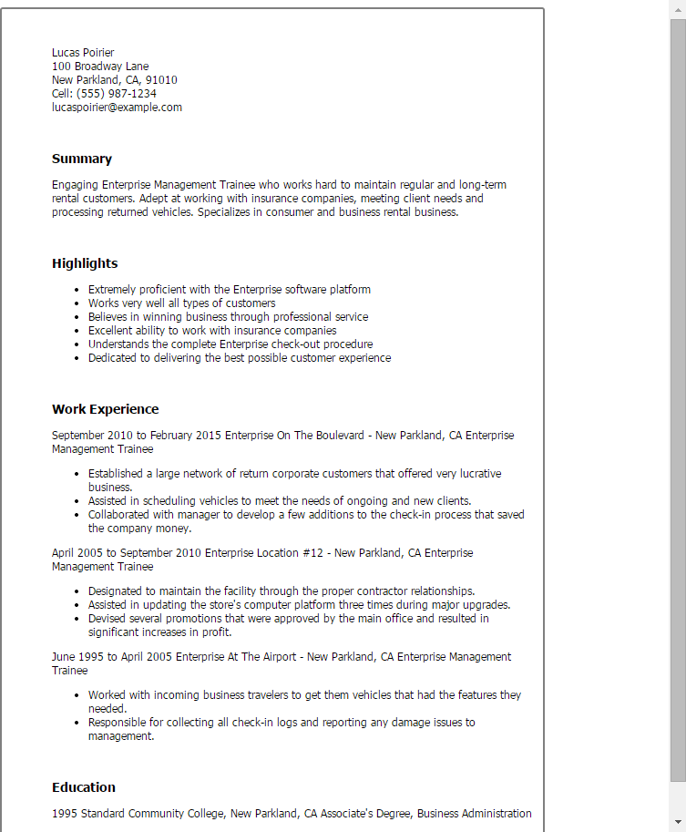 enterprise management trainee job description for resume