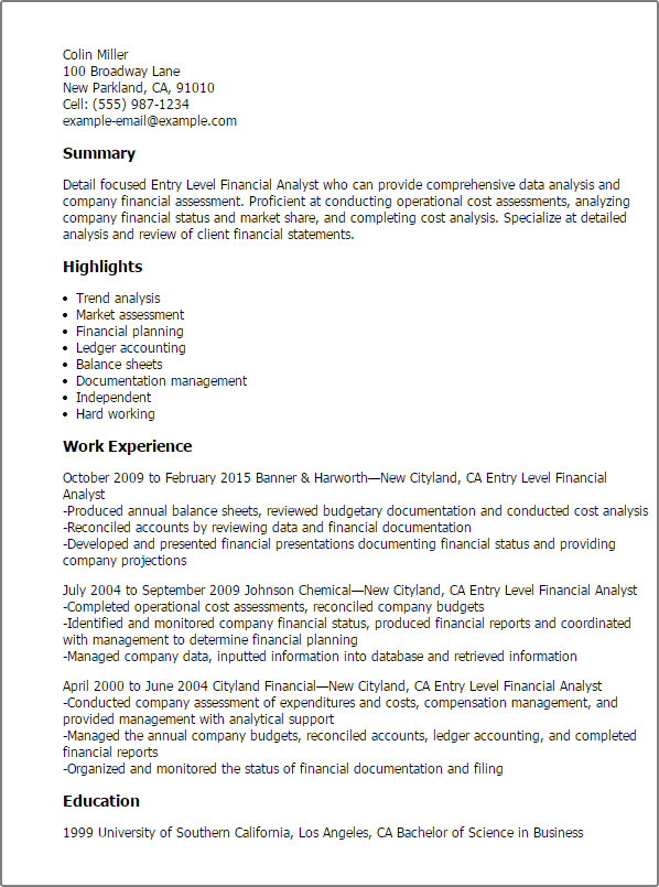 Entry Level Financial Analyst Resume Example MyPerfectResume