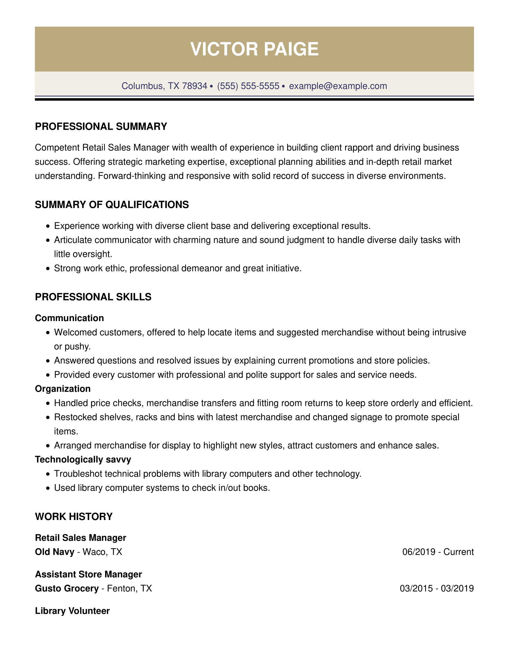 Entry Level Retail Manager Functional Resume Format