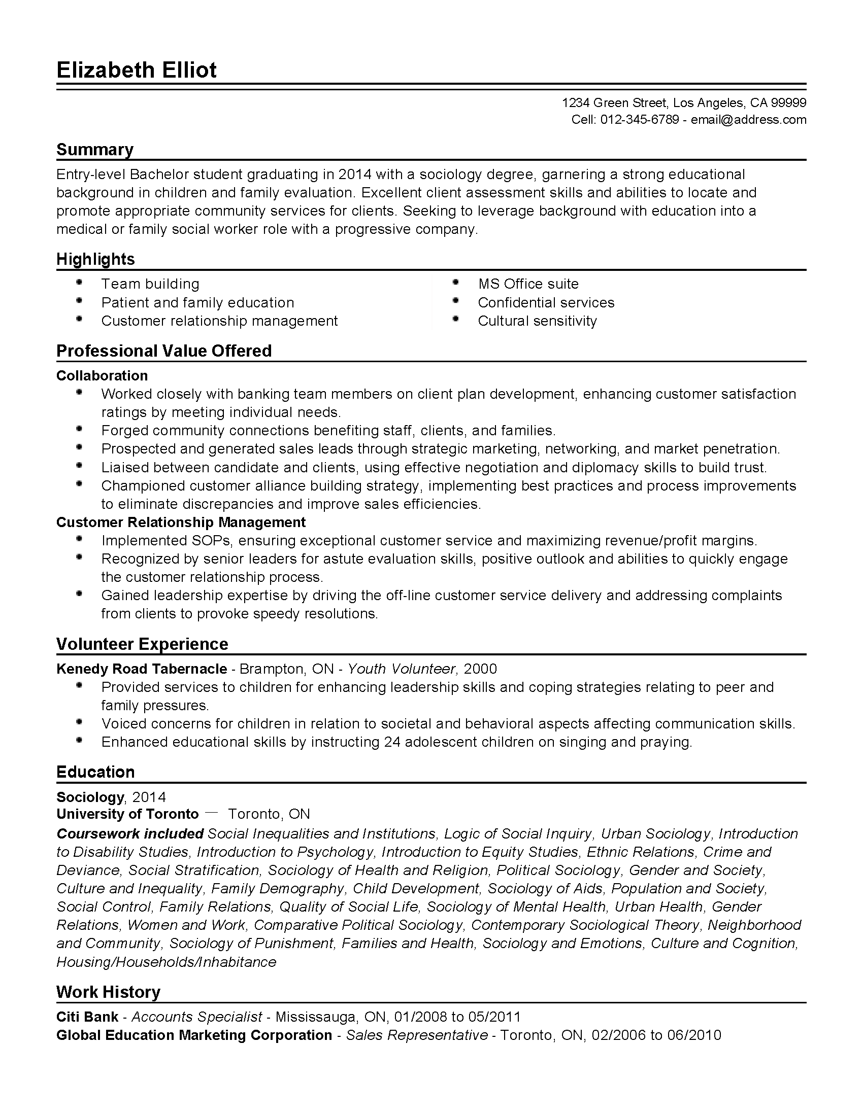 social service resume summary