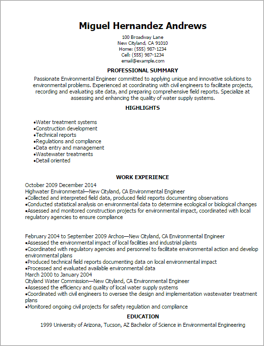 environmental engineer resume example