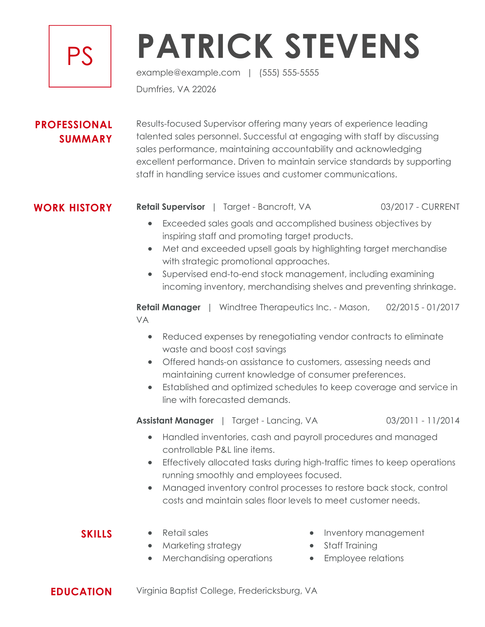 Experienced Retail Manager Chronological Resume Template