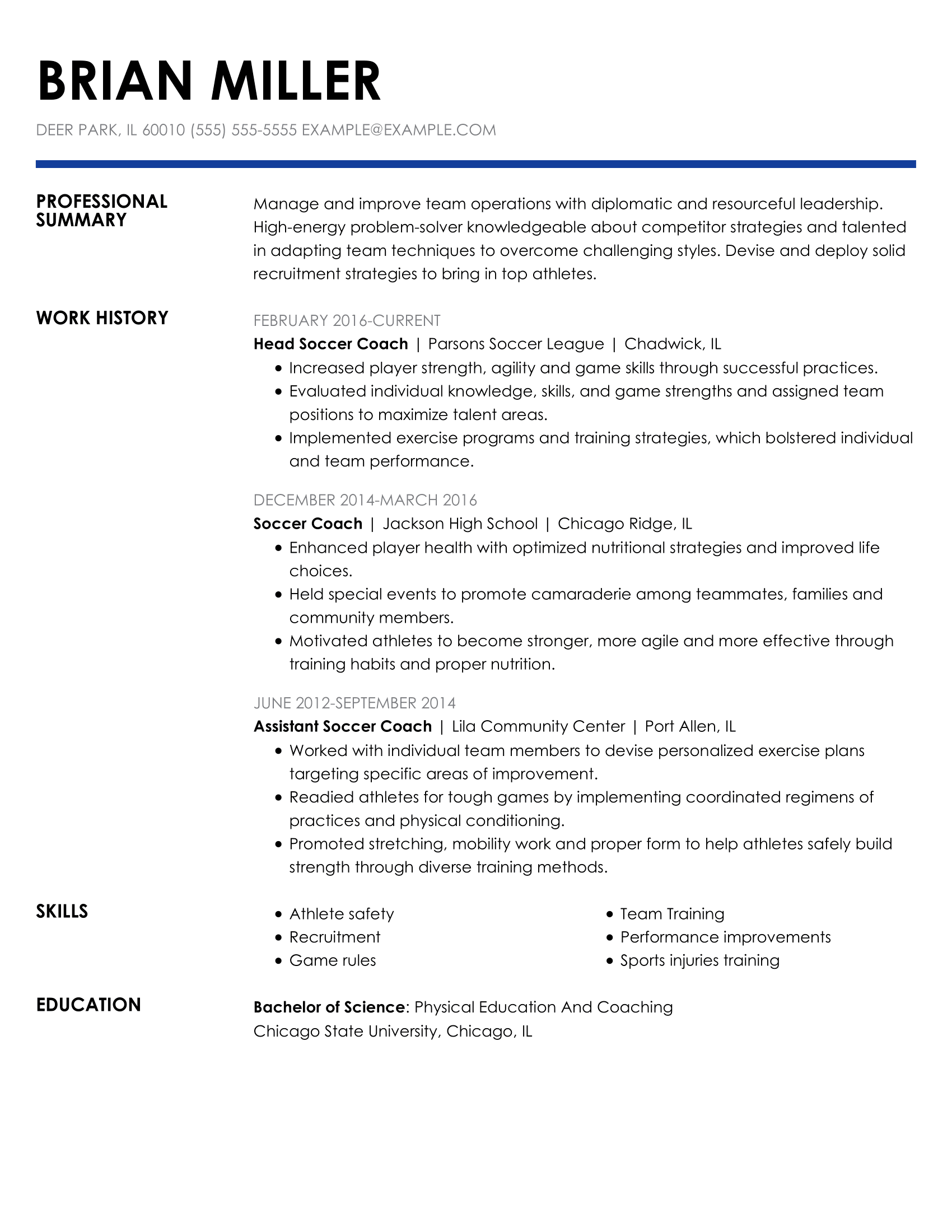 Quality Soccer Coach Resume Example | MyPerfectResume