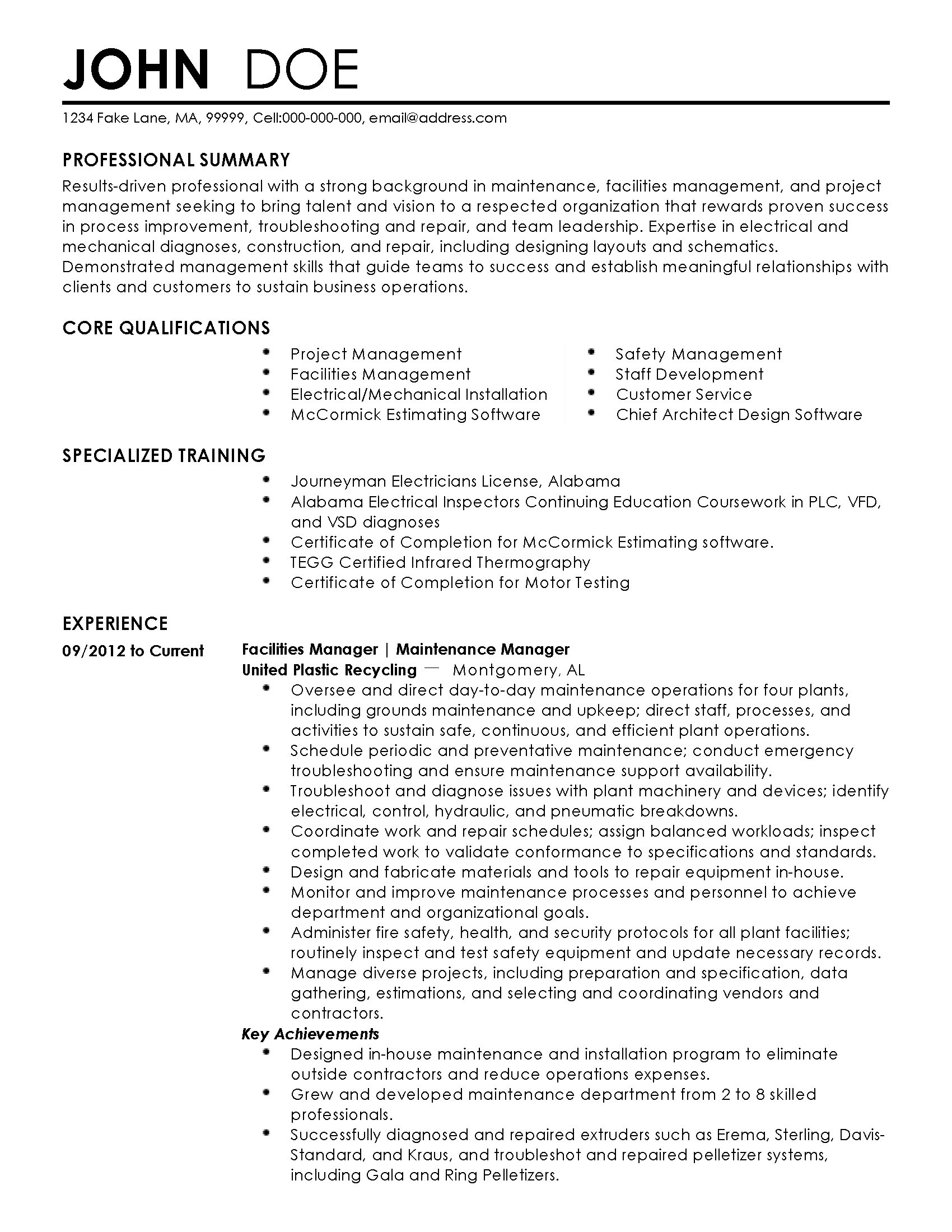 sample resume for facility project manager