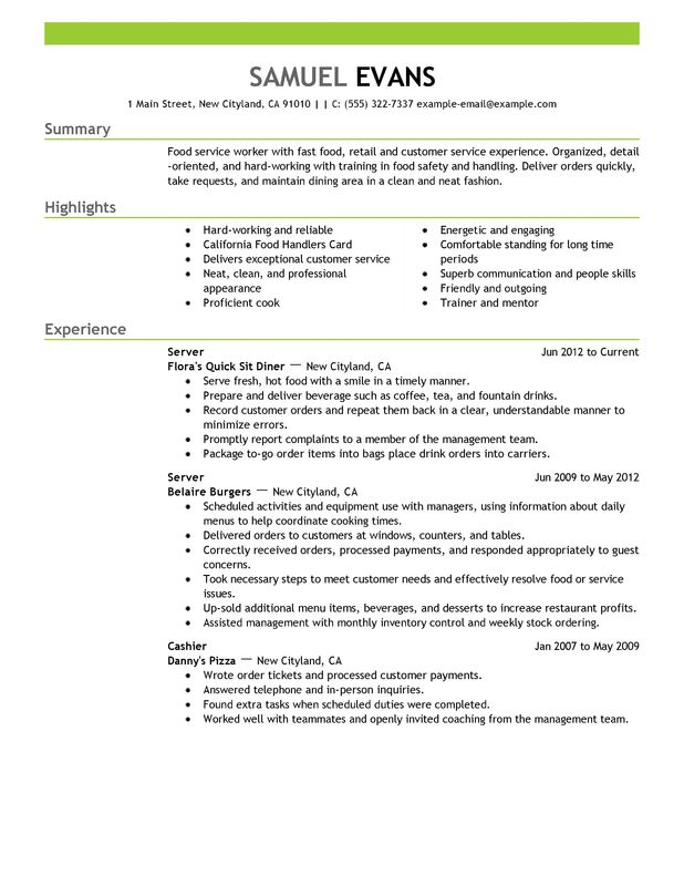 resume summary examples food service