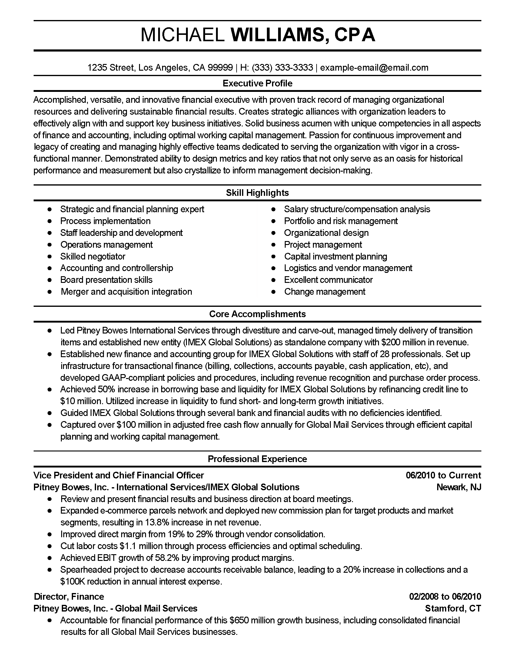 Financial Executive Resume Example