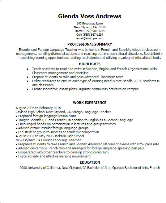 Foreign Language Teacher Resume Example