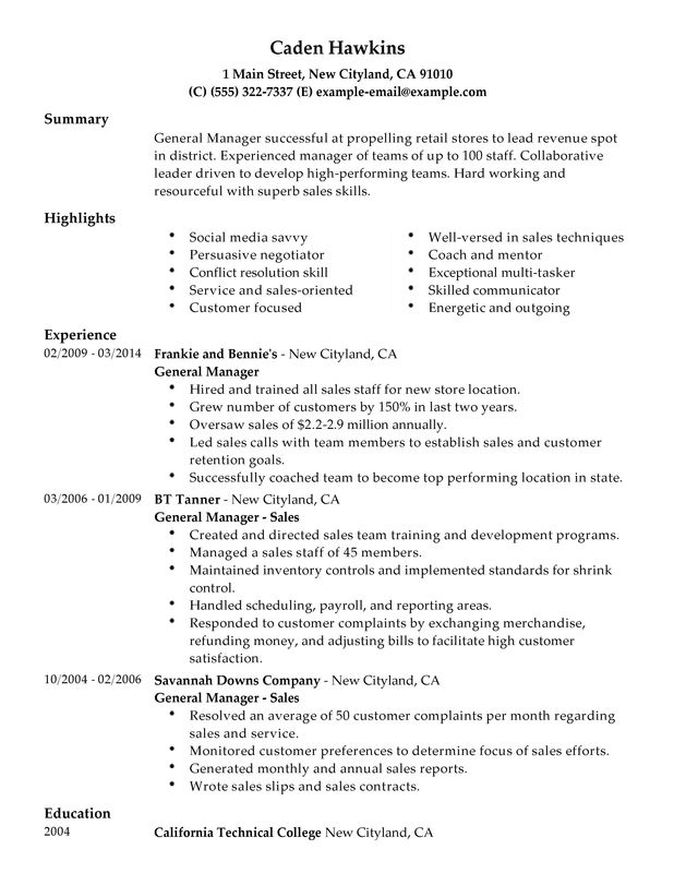 job description for general manager on resume