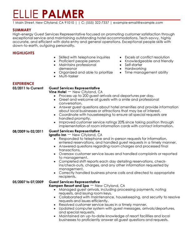 Guest Service Representative Resume Template