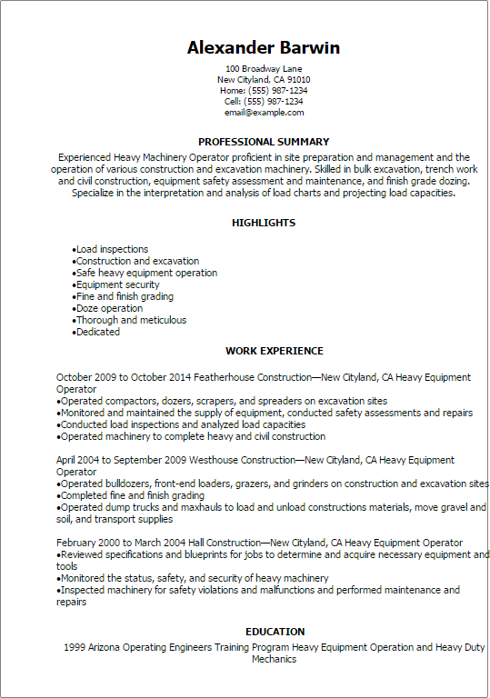 Heavy Machinery Operator Resume Example professional-machine-operator-resume-examples-for-free-resumegets