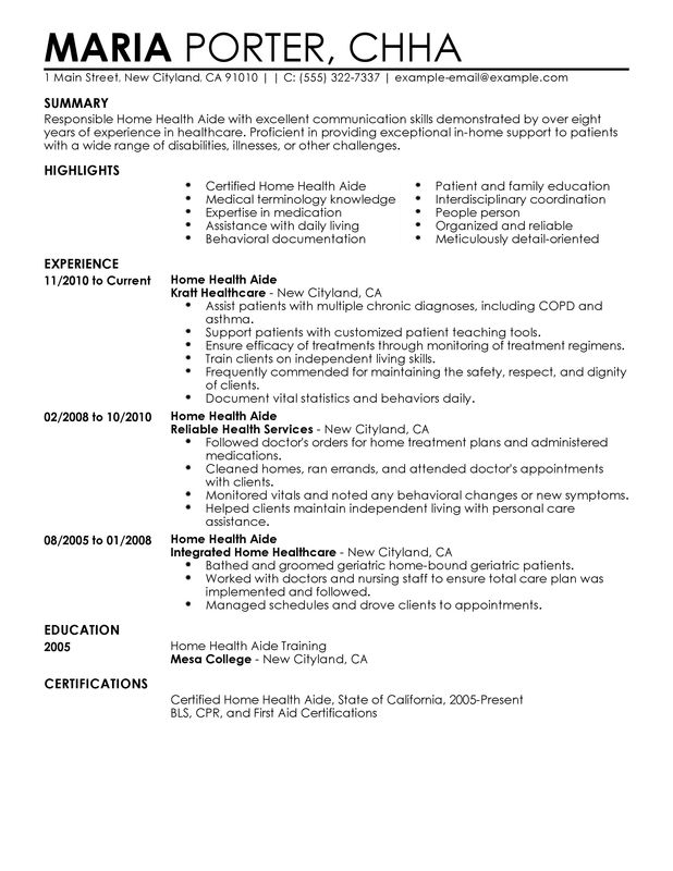 home health care duties for a resume