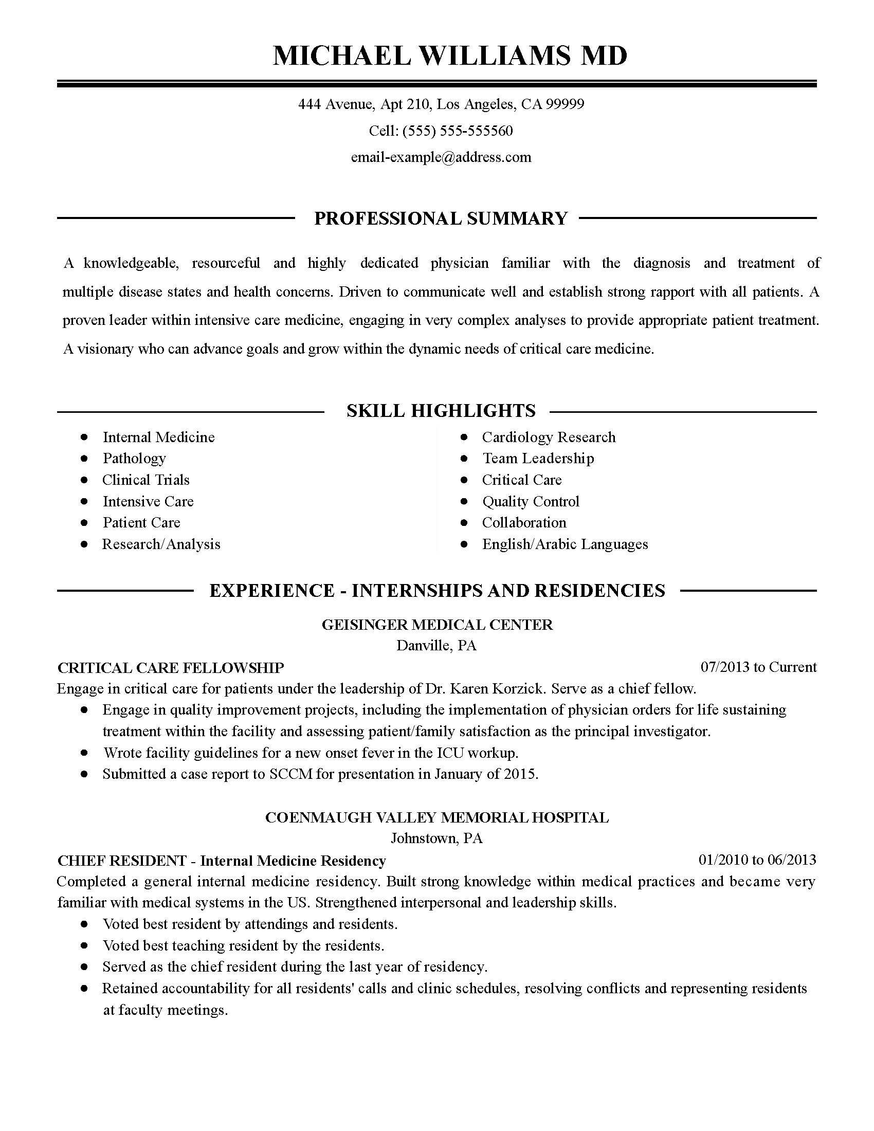 intensive care physician resume sample