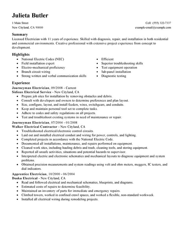 journeymen electricians resume sample