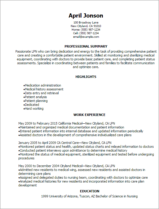 lpn resume sample