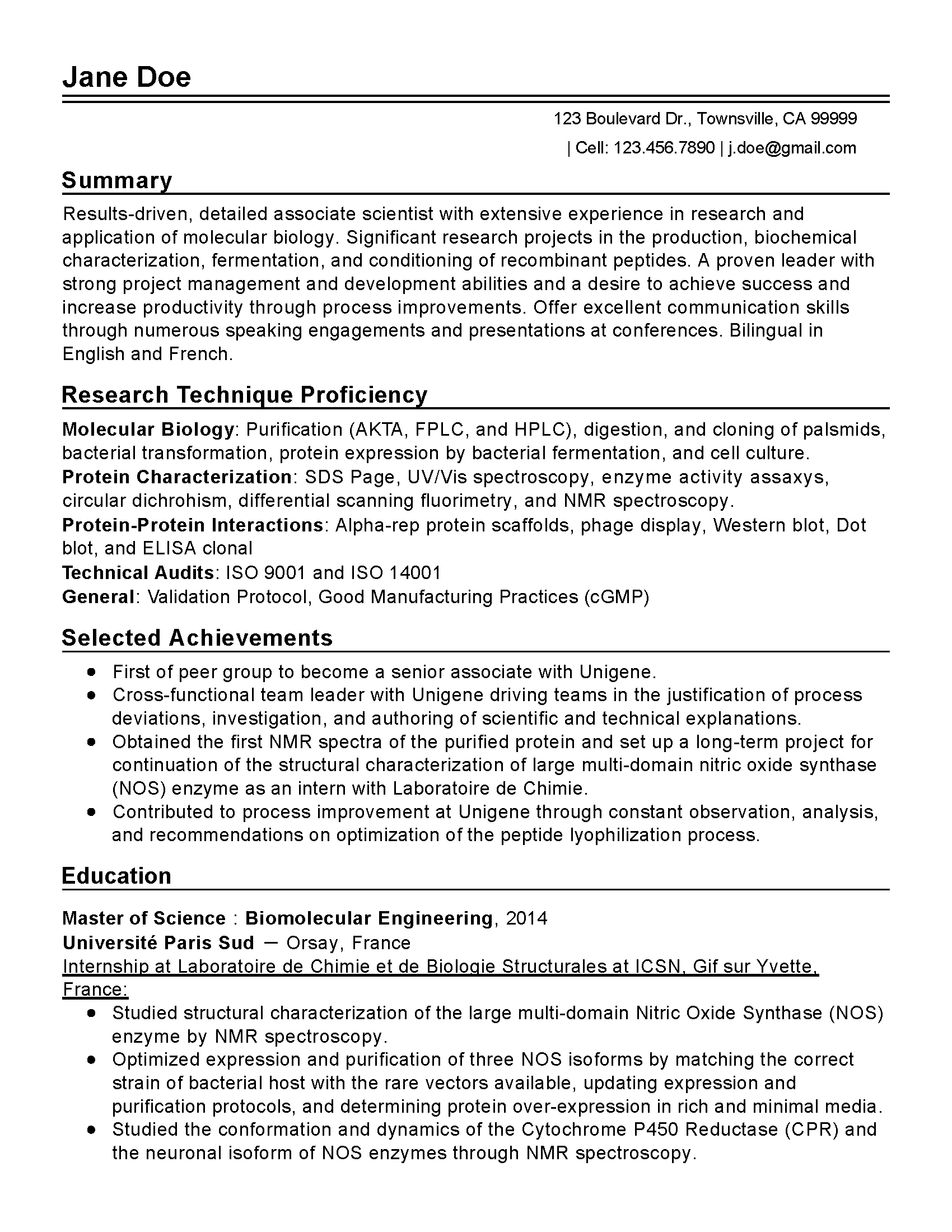 resume for a research scientist