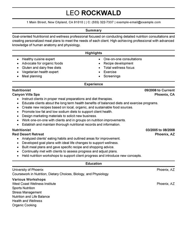 Nutritionist Resume Example