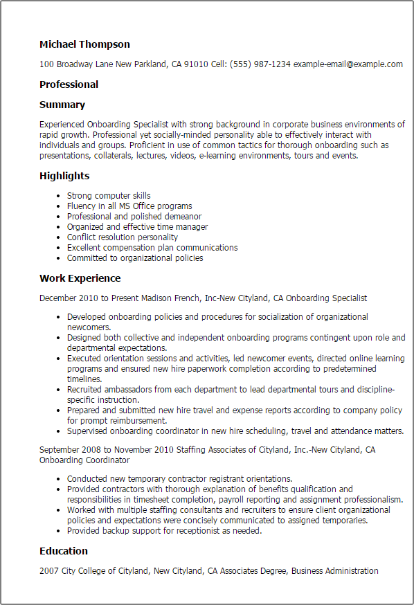 Onboarding Specialist Resume Sample