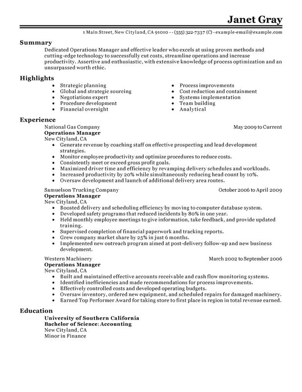 Operations Manager Resume Example