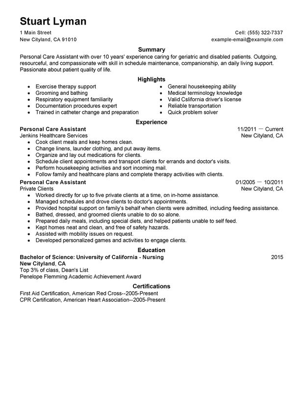 Personal Care Assistant Resume Template