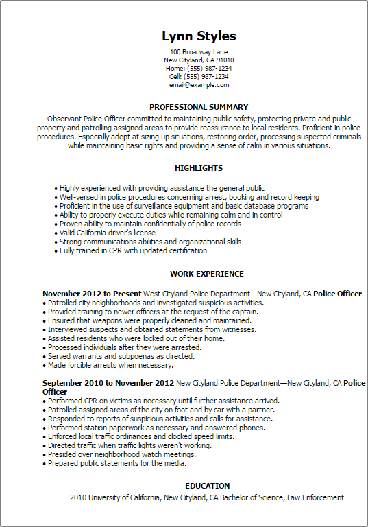 summary of skills for police resume