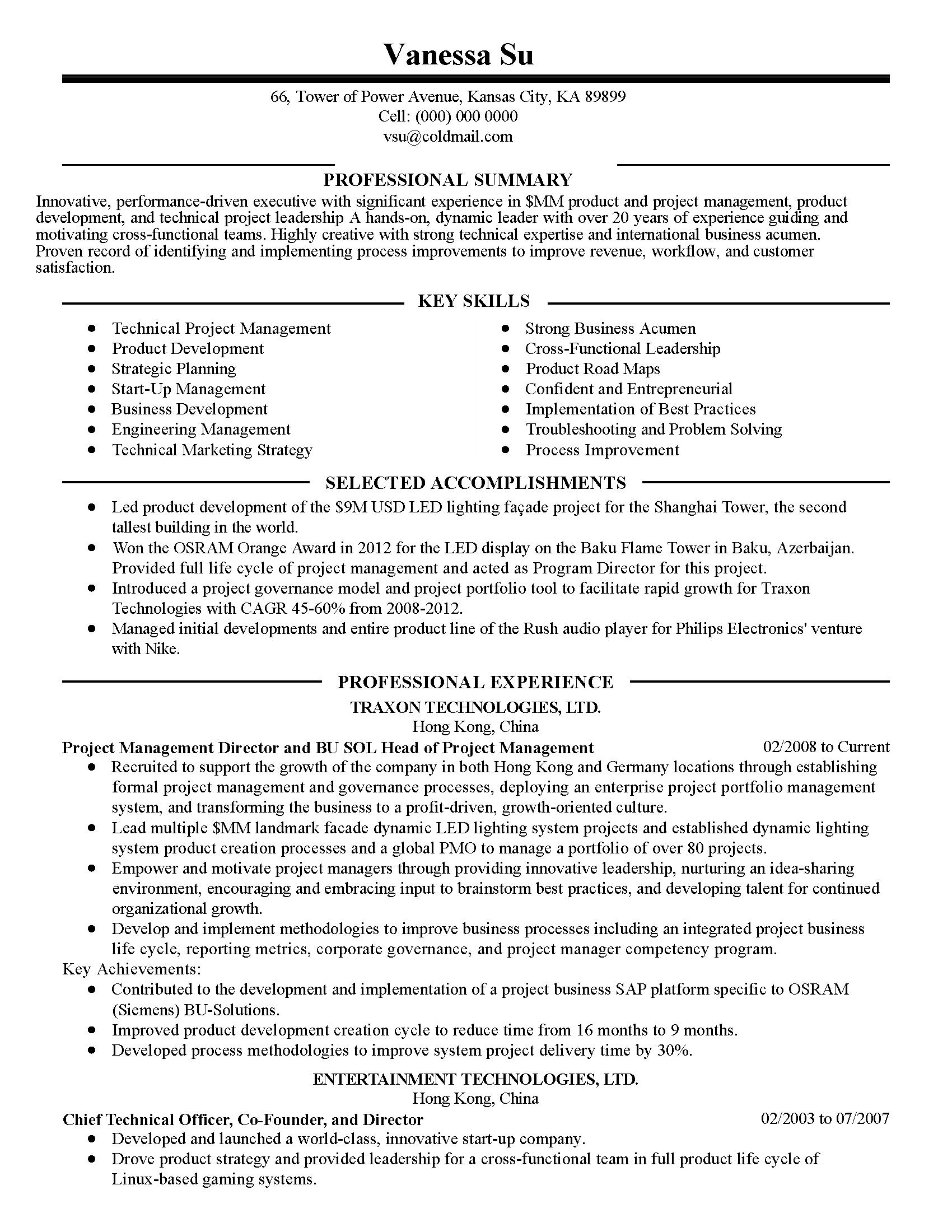 functional resume for project manager