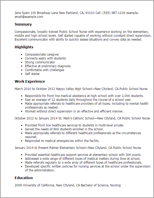 public school nurse resume example