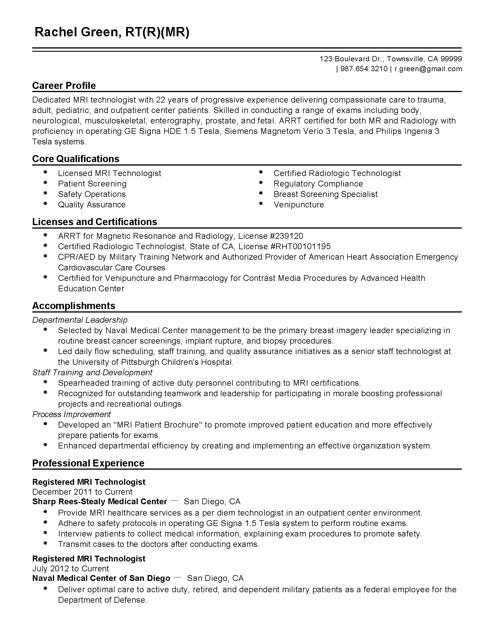 professional summary for resume radiologist