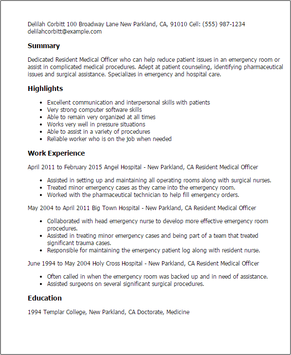 resident medical officer resume template