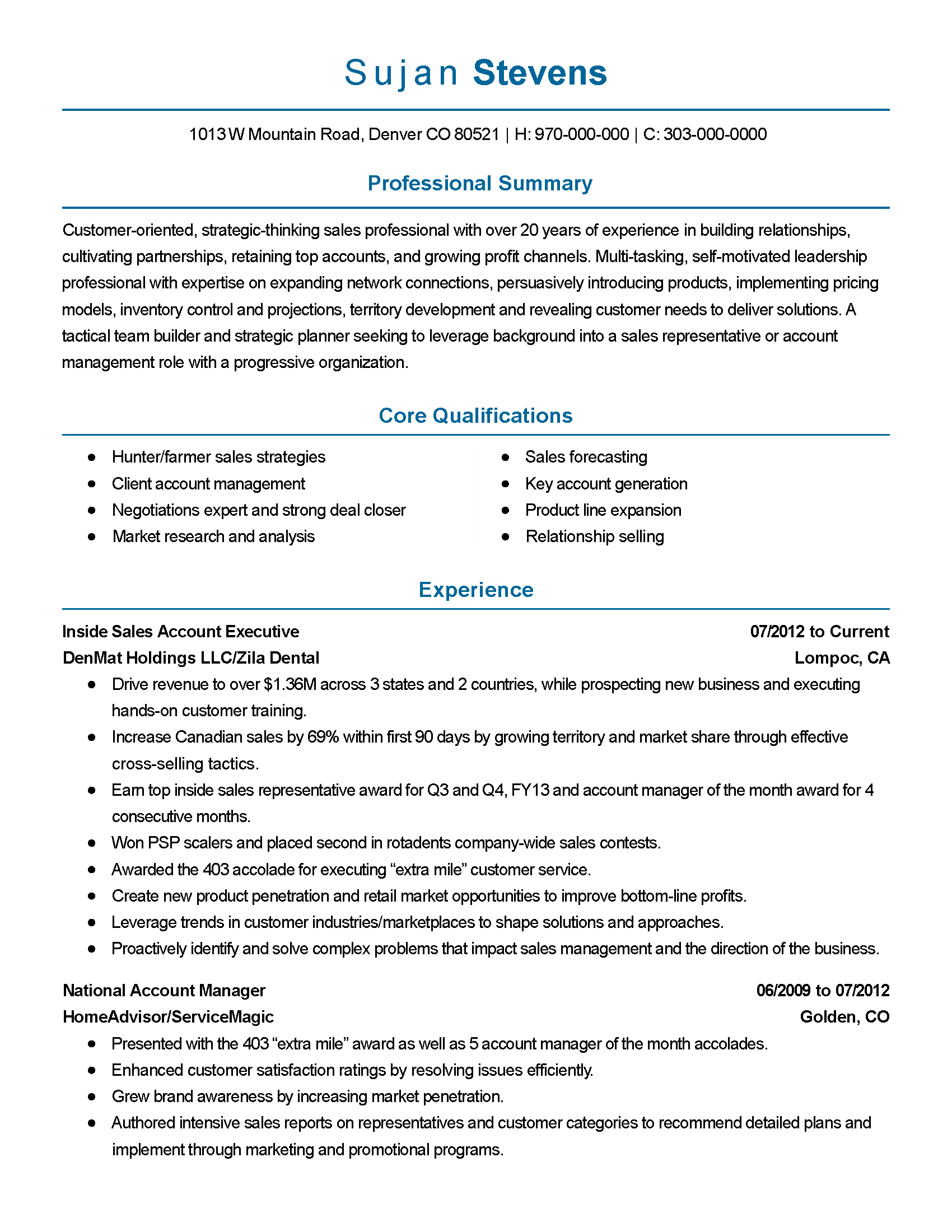 summary for resume in sales