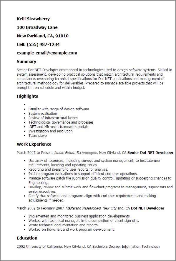 sample resume for dot net developer experience 5 years