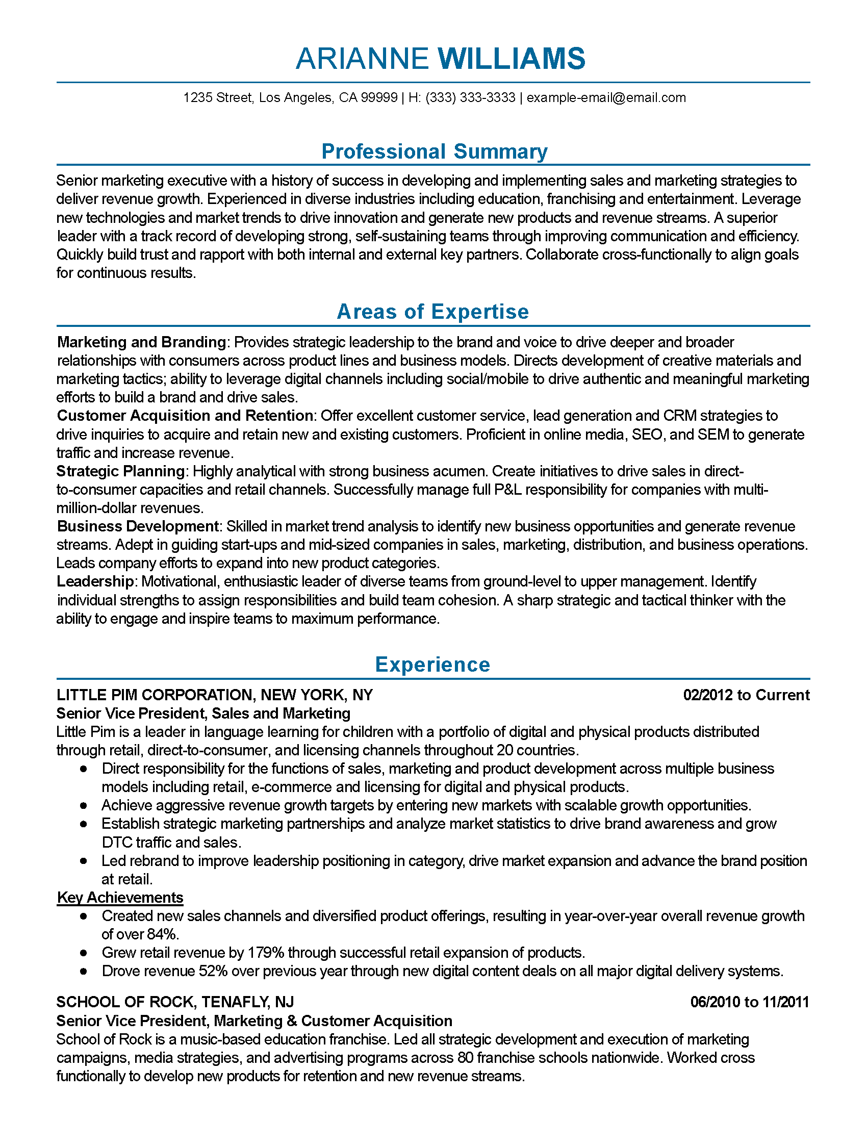 resume summary examples senior executive