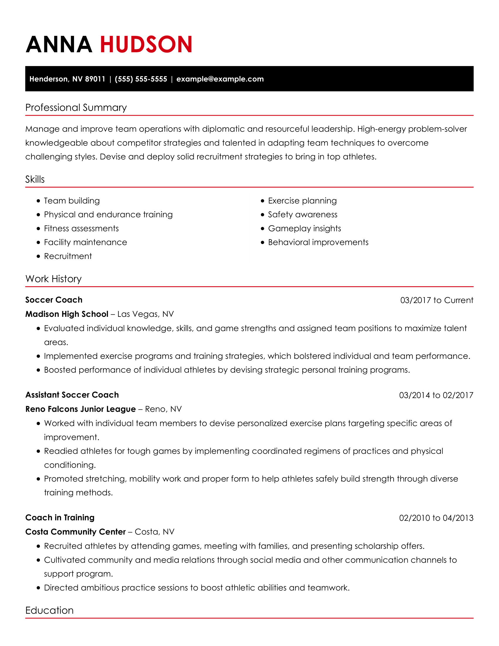 Quality Soccer Coach Resume Example | MyPerfectResume