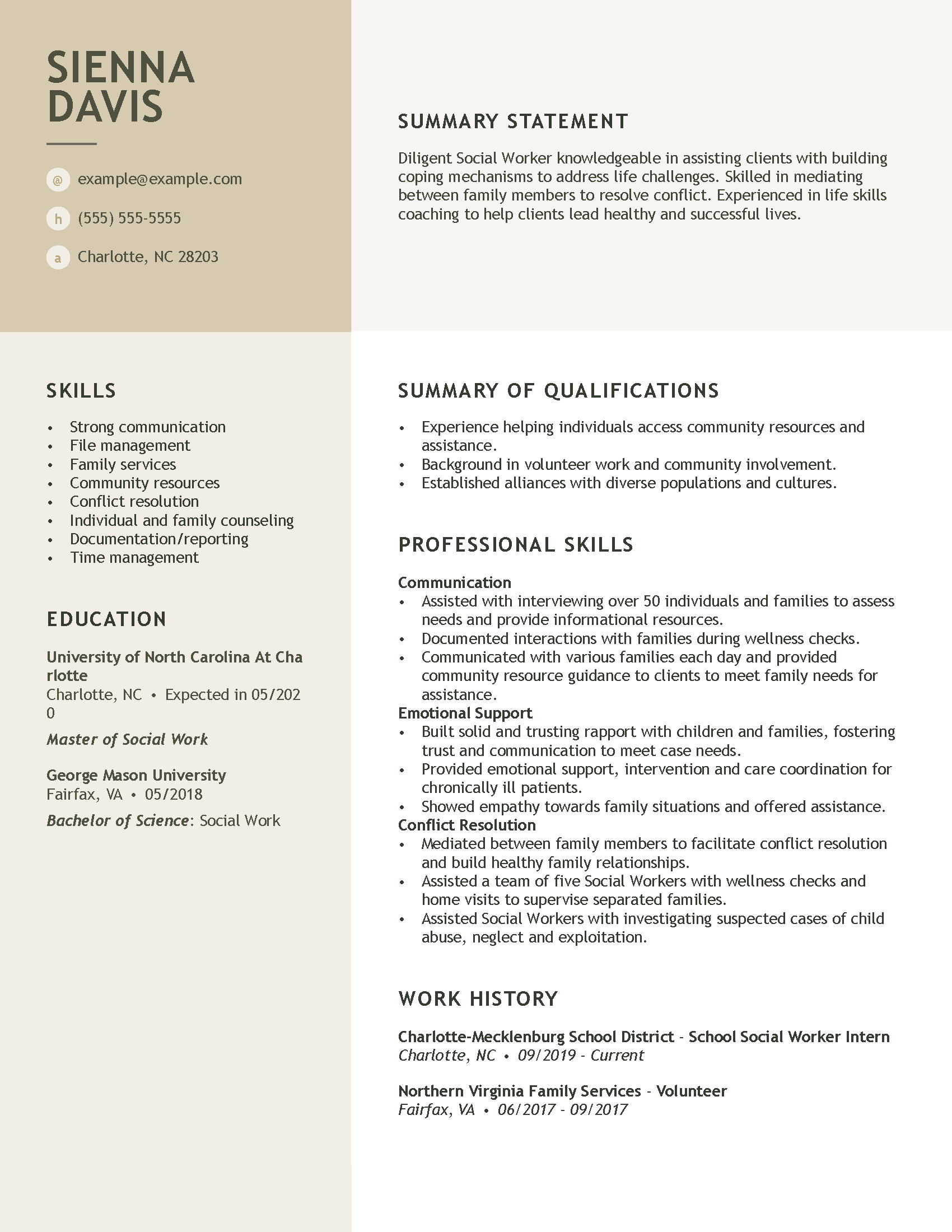 sample resume for social service worker