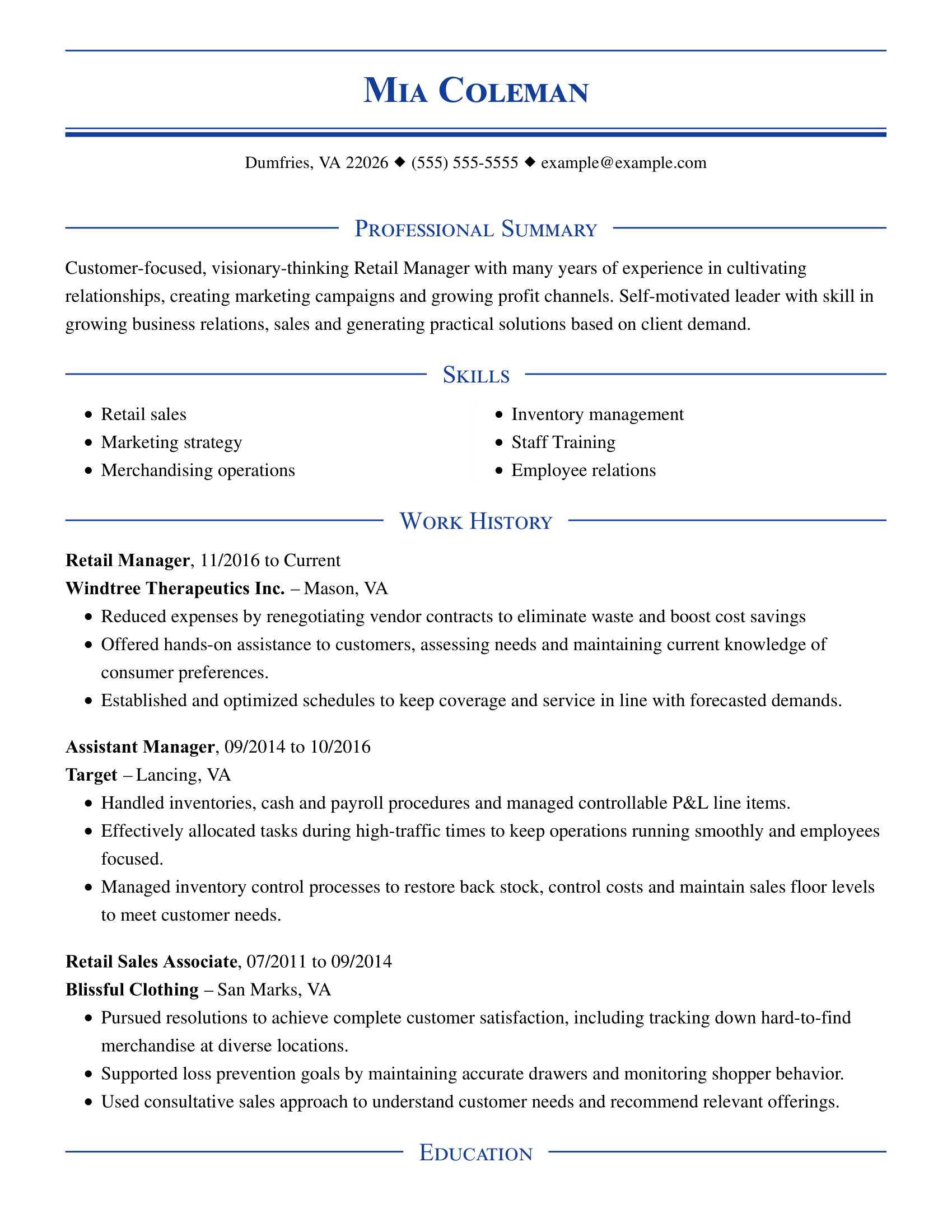 Store Manager Combination Resume Sample