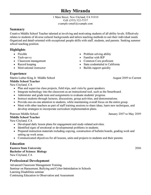 summer teacher resume format