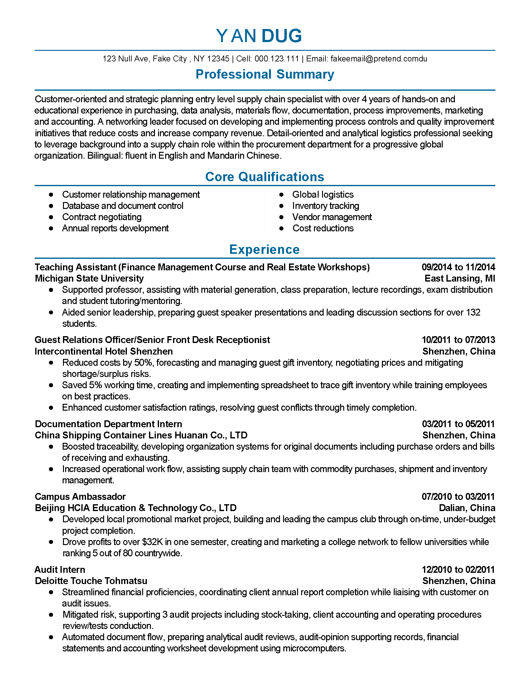 sample resume of logistics supply chain manager