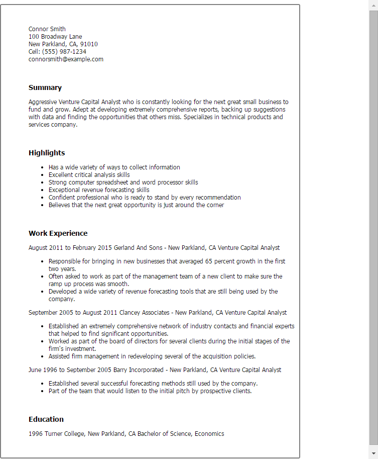 venture capital analyst resume template
