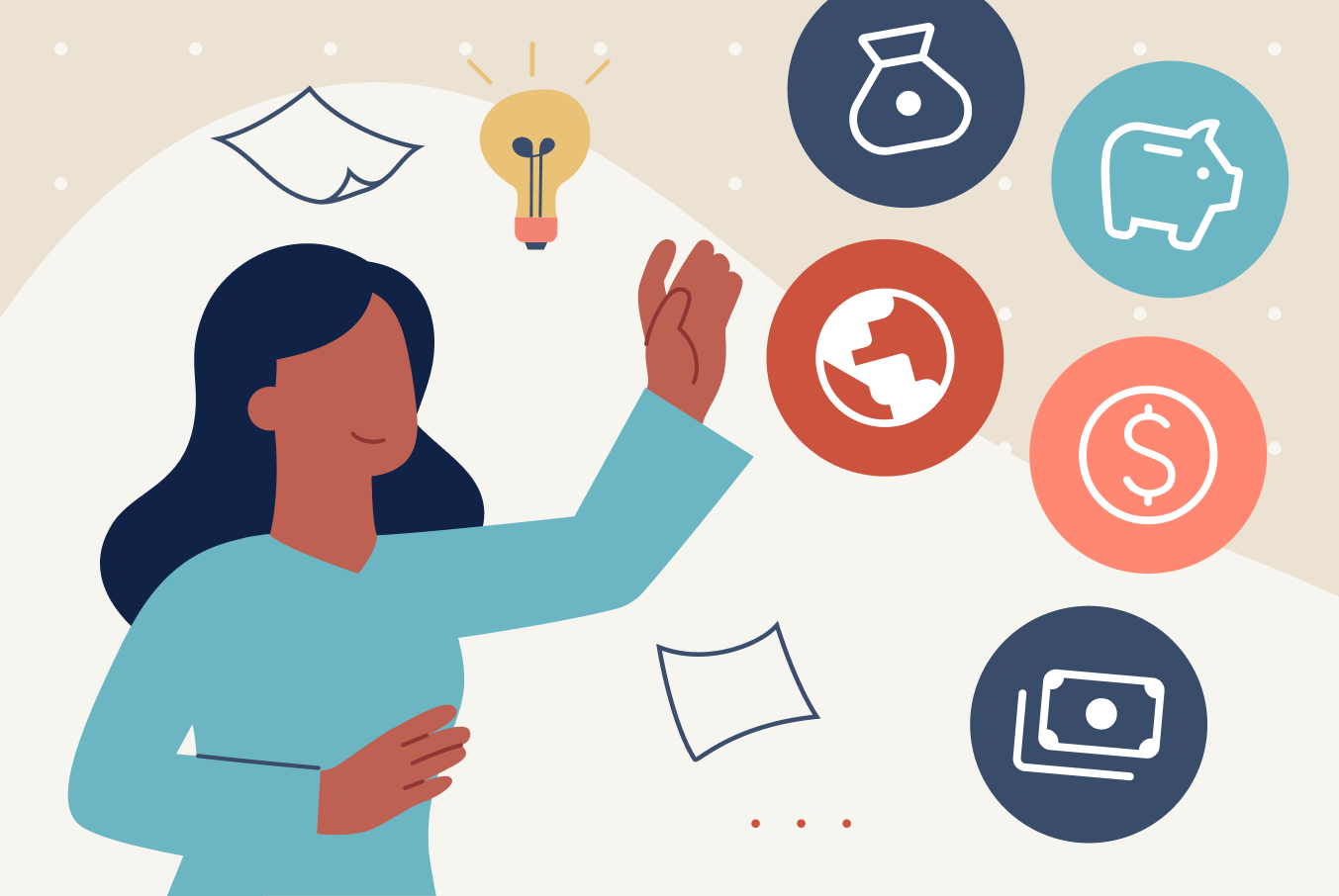 An illustration of a woman reaching toward icons representing money, savings, and global connection under a lightbulb, representing Americans' views on universal basic income.