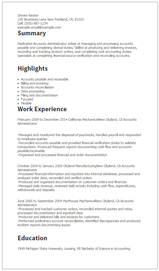 accounts administrator resume sample