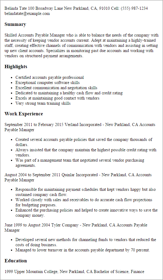 Accounts Payable Manager Resume Example