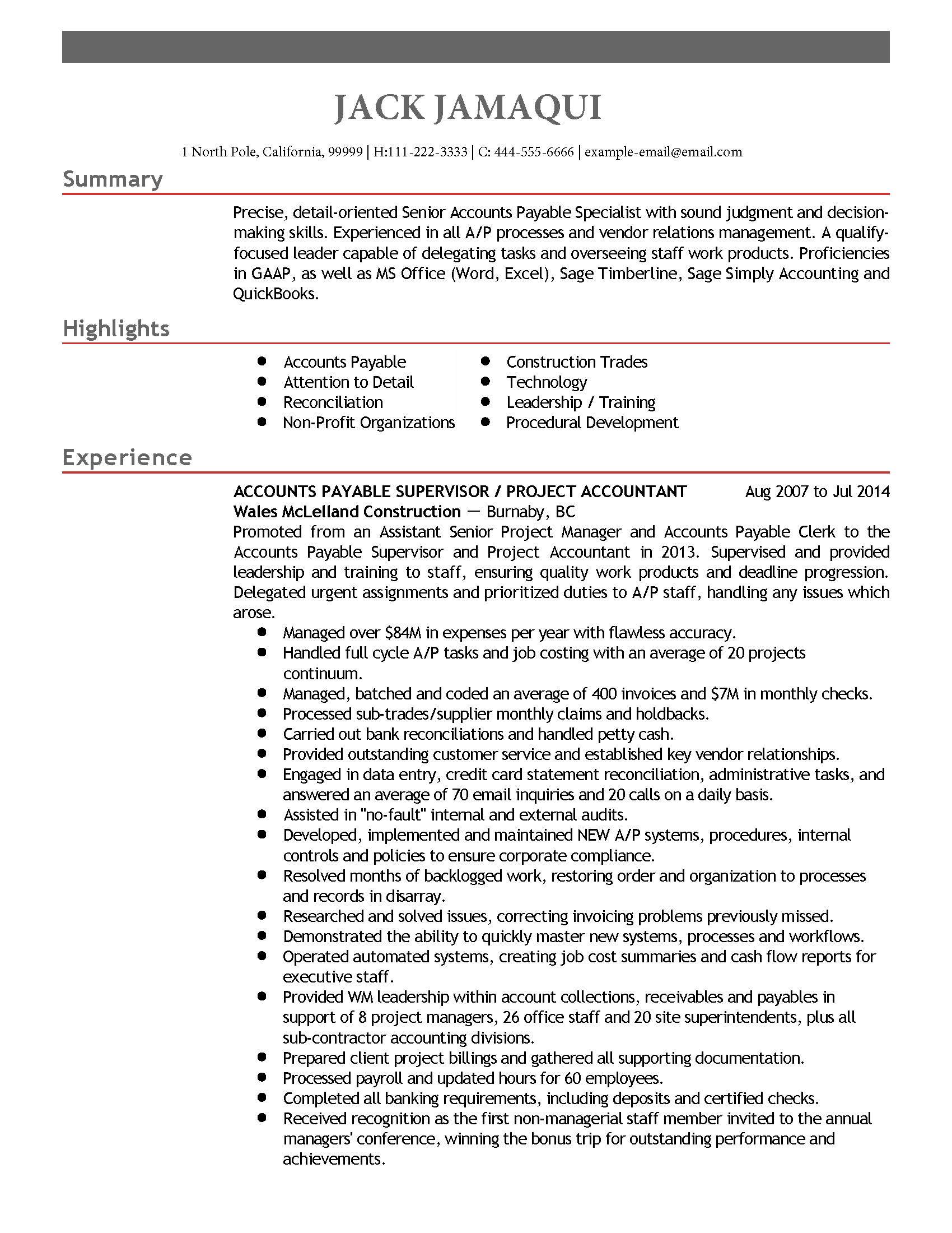 Accounts Payable Supervisor Resume Example