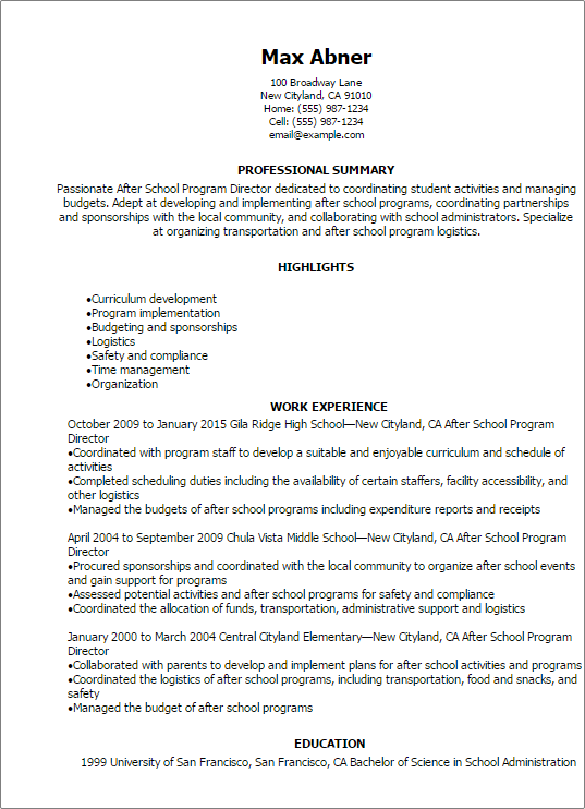 After School Program Director Resume Example
