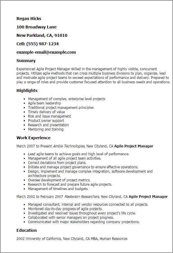 Agile Project Manager Resume Template