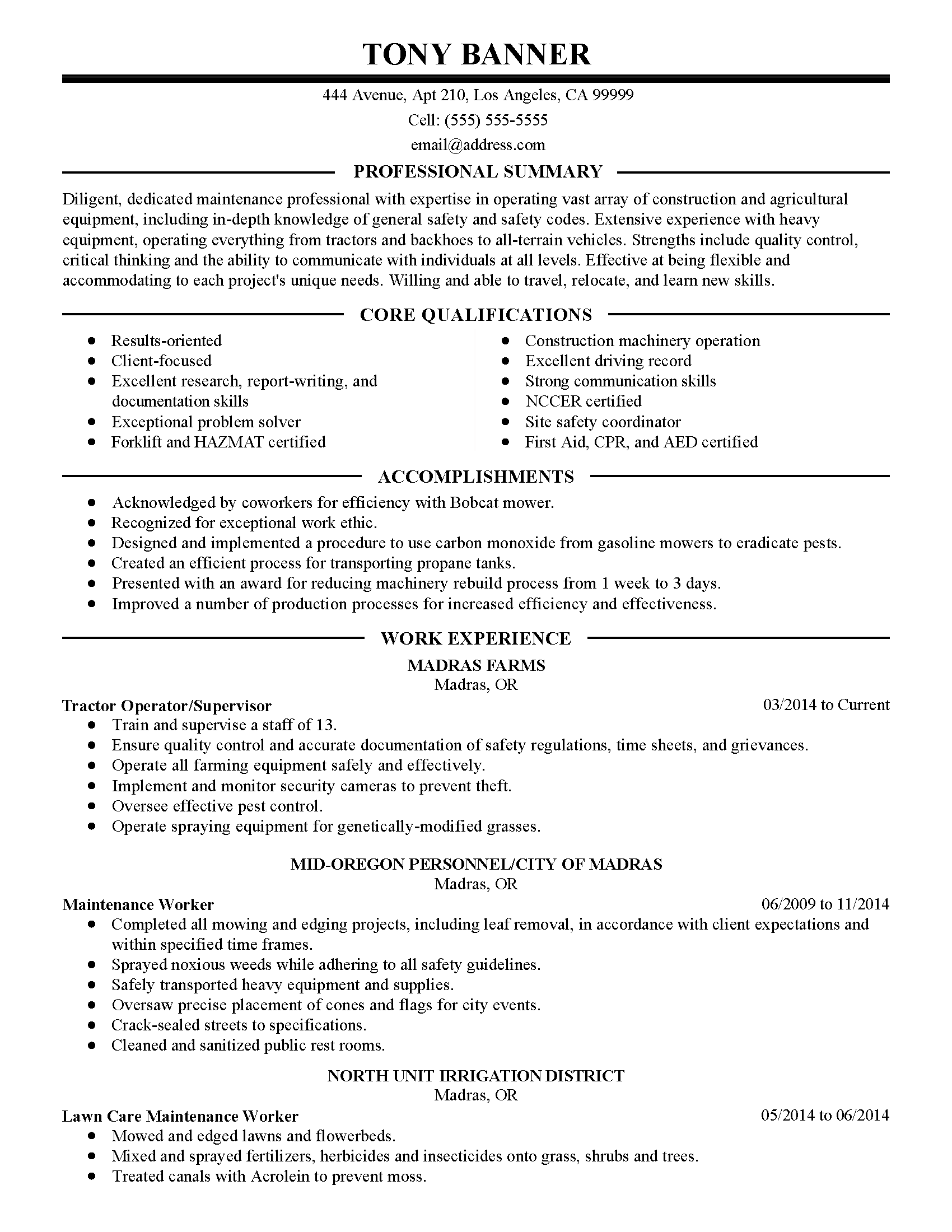 agriculture equipment maintenance professional resume example