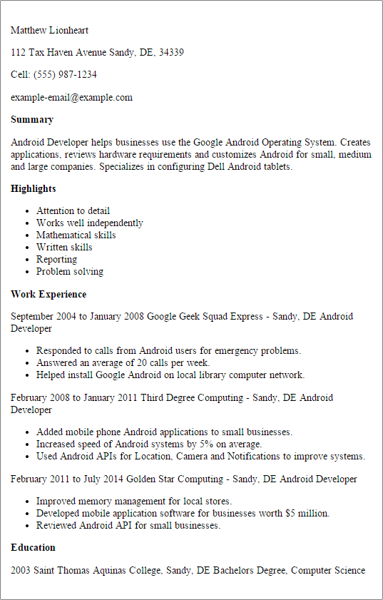 Professional Android Developer Resume Example Myperfectresume