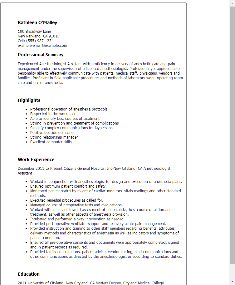 anesthesiologist assistant resume example
