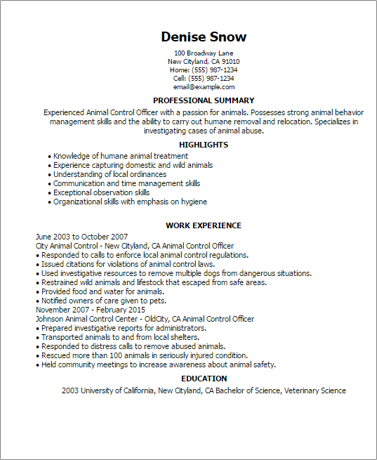 Animal Control Officer Resume Example