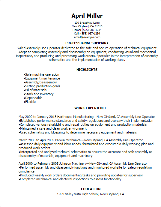 Assembly Line Operator Resume Template